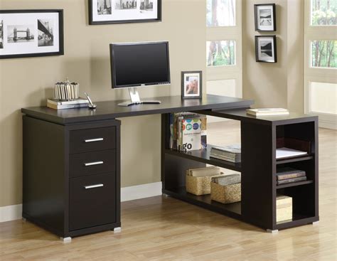 Modern Cappuccino L-Shaped Desk with File Drawer & Open Shelving ...