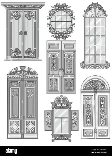 Different Doors And Windows Classical Designs Colorless Line Drawings. Vintage Wooden Door Glass ...