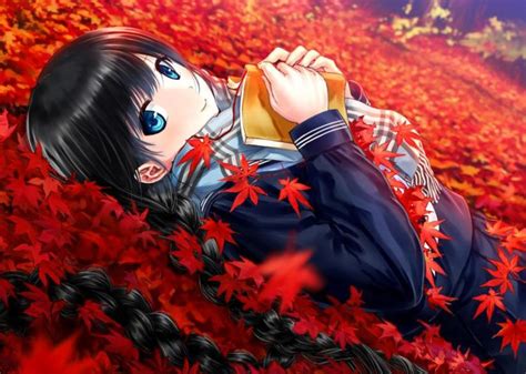 autumn, Anime, Girl, Leaf, School, Uniform, Beautiful, Smile, Book ...