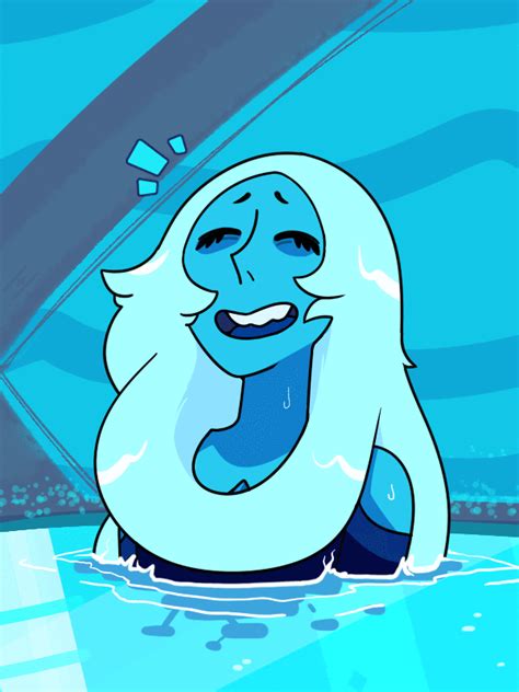 a cartoon character floating in the water with his mouth open and tongue out, smiling