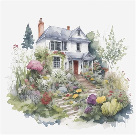 Premium Vector | View of house in garden full of flowers watercolor