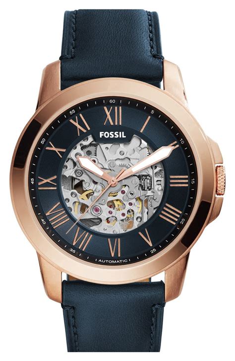 Fossil 'Grant' Leather Strap Skeleton Watch, 45mm | Nordstrom