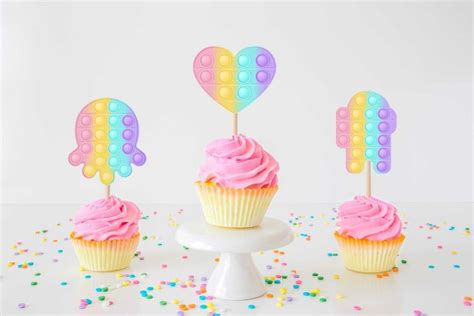 12 PCS Pop-it Cupcake Toppers Rainbow Pastel Colors | Fid-get toy ...