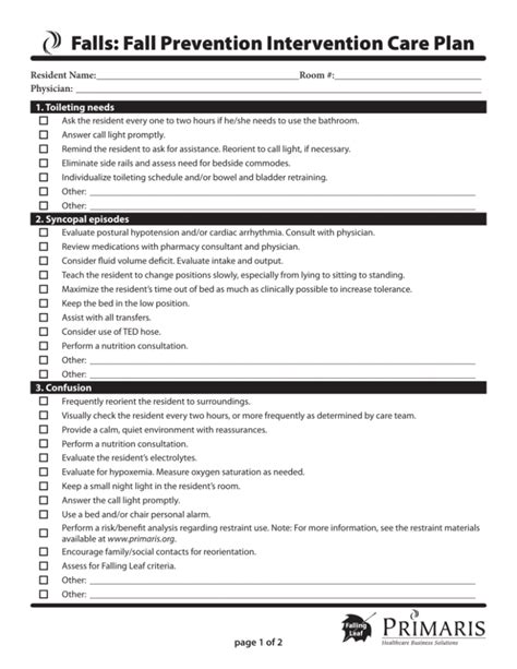 Falls: Fall Prevention Intervention Care Plan