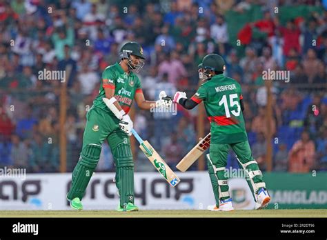 Bangladeshi ace all rounder Shakib Al Hasan (L) and wicket keeper batter Mushfiqur Rahim (R ...