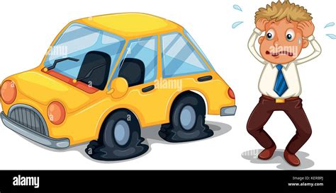 Illustration of a worried man beside a car with flat tires on a white background Stock Vector ...