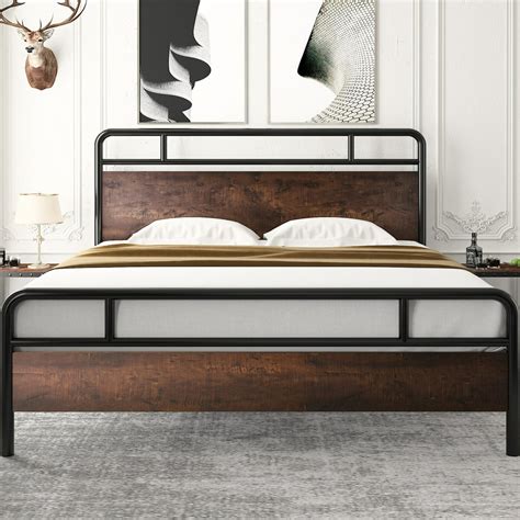 Amolife King Size Modern Heavy Duty Metal Platform Bed Frame with Modern Wood Headboard, Sanders ...