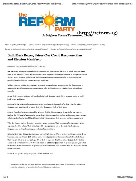 Reform Party Manifesto 2020 - Build Back Better, Fairer | PDF | Minimum Wage | Salary