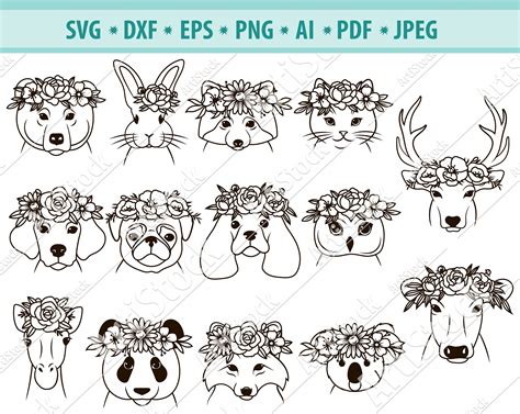 Animals Face Svg File Animals With Flower Crown Svg Cute - Etsy