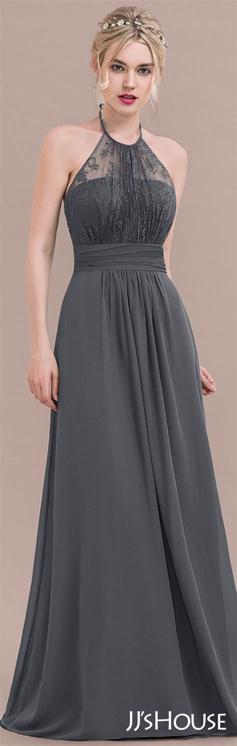 The sheer high neckline on the halter-top lace bodice of the beautiful steel grey bridesmaid ...