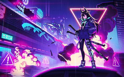 Cyberpunk, Anime Girl, Neo Seoul, Swords, Neon, Raining, neon sword HD ...