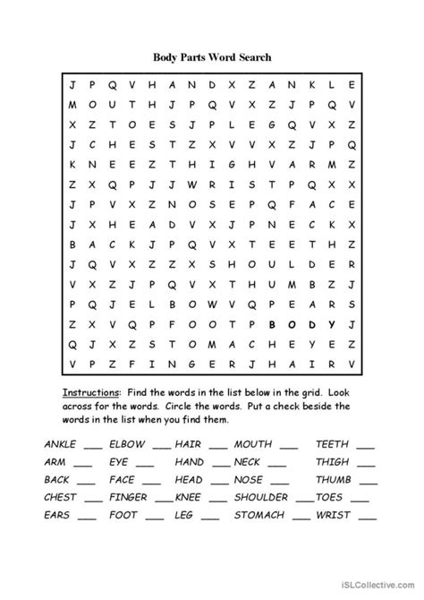 Body Parts Word Search Puzzle: English ESL worksheets pdf & doc