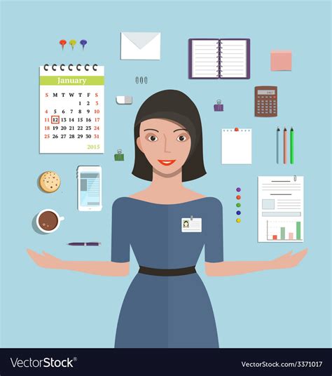 Office manager woman working and supplies objects Vector Image