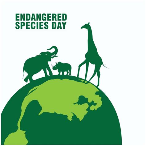 National Endangered Species Day vector with green silhouette of elephant, giraffe and rhino icon ...