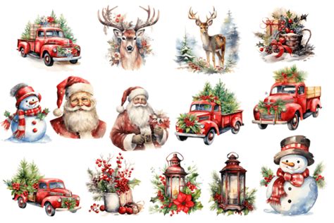 Watercolor Christmas Vintage Clipart