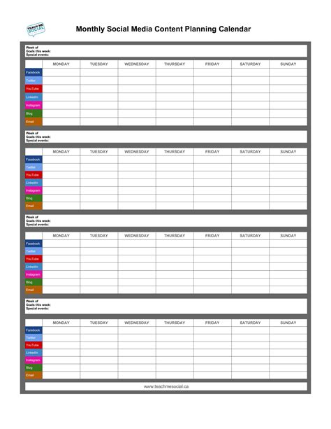 Printable Social Media Content Calendar Template - Printable Templates