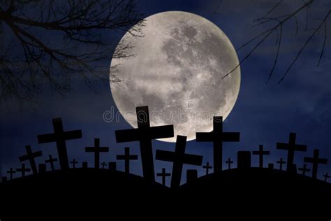 Spooky Graveyard in Halloween Night Stock Illustration - Illustration of hill, black: 26657523