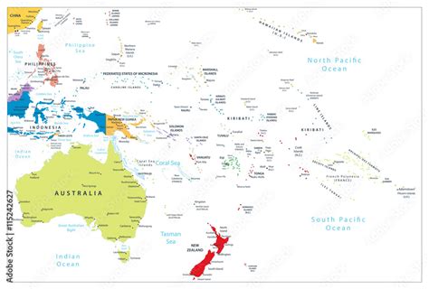 Australia and Oceania detailed political map isolated on white Stock ...