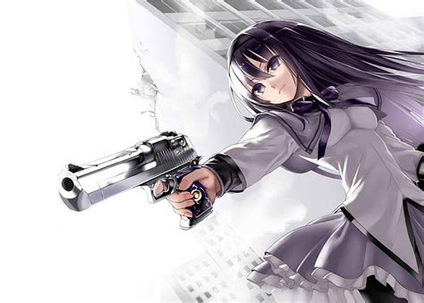 Akemi Homura, dress, akemi, magical girl, pointing, gun, anime, gloomy ...