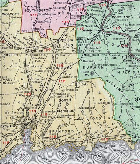 New Haven County, Connecticut, 1911, Map, Rand McNally, Waterbury, Meriden, Wallingford, Milford