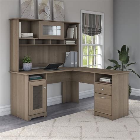 Cabot 60W L Shaped Computer Desk with Hutch in Ash Gray - Engineered ...