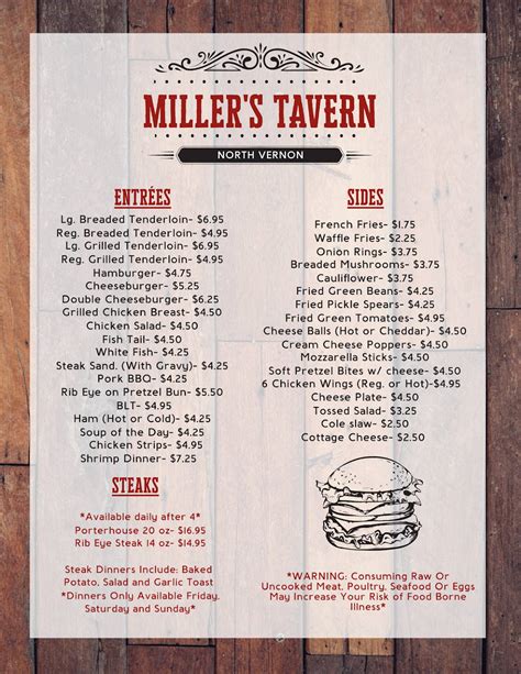 Menu at Miller's Tavern pub & bar, North Vernon