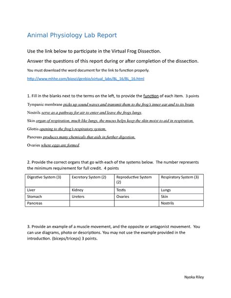 Animal Physiology Lab Report-unit 7 - Animal Physiology Lab Report Use ...