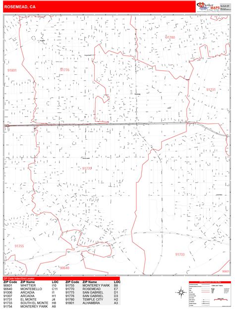 Rosemead California Zip Code Wall Map (Red Line Style) by MarketMAPS - MapSales