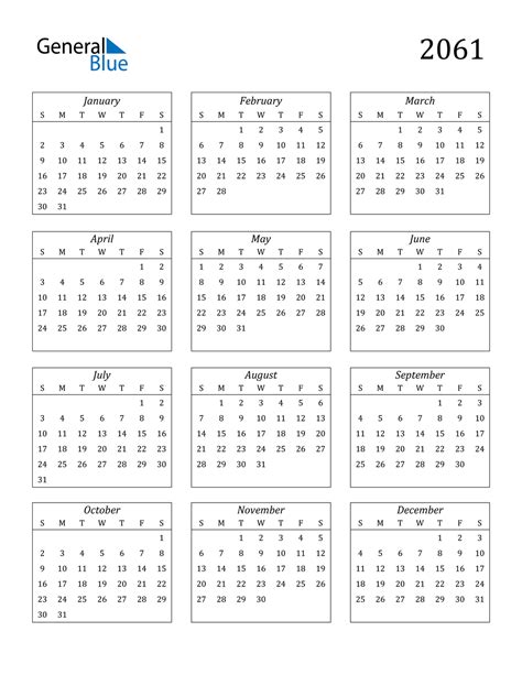 2061 Calendar (PDF, Word, Excel)