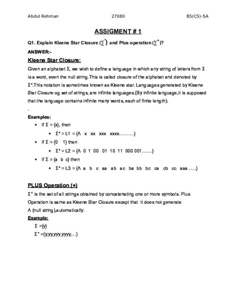 (DOC) ASSIGMENT # 1 Q1. Explain Kleene Star Closure (∑ * ) and Plus operation | adnan sami ...