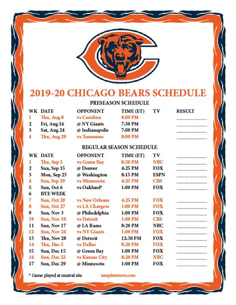 Printable 2019-2020 Chicago Bears Schedule