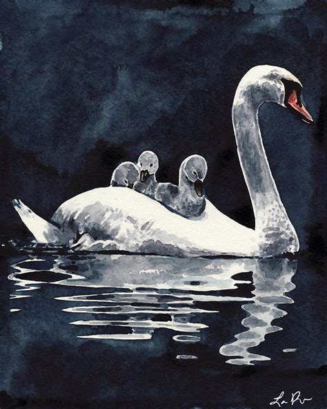 Swan Mother And Babies On The Lake Painting by Laura Row