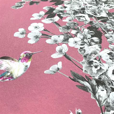 Hummingbird by Lola Design - Black / White / Deep Mauve - Wallpaper : Wallpaper Direct