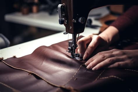 Premium AI Image | A woman sewing a leather bag with a sewing machine ...