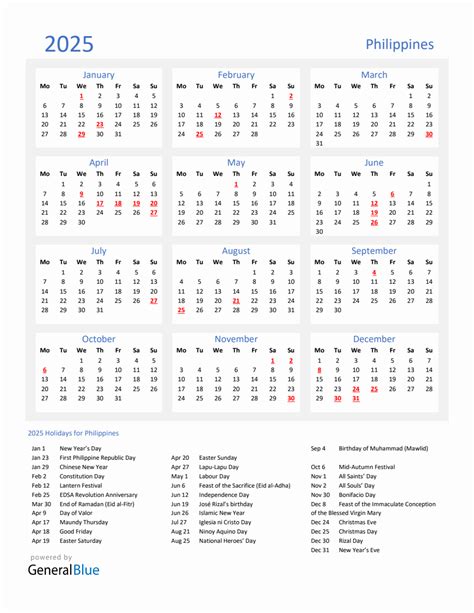 Basic Yearly Calendar with Holidays in Philippines for 2025