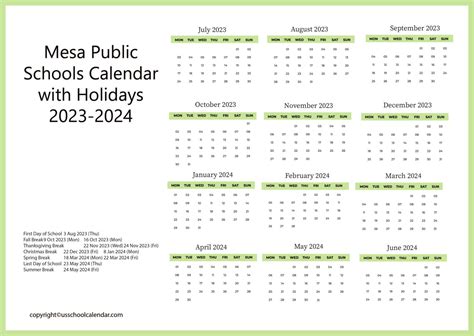 Mesa Public Schools Calendar with Holidays 2023-2024