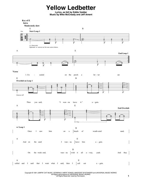 Yellow Ledbetter by Pearl Jam - Guitar Lead Sheet - Guitar Instructor