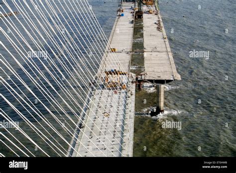 View of under construction Bandra Worli sea link is 8 lane twin carriageway cable stayed bridge ...