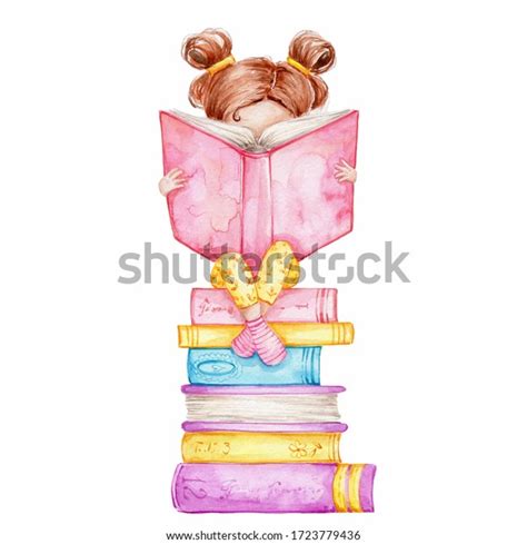 Cute Girl Reading Book On Stack Stock Illustration 1723779436 ...