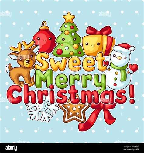 Sweet Merry Christmas greeting card. Cute characters and symbols ...