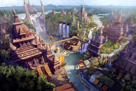 an artist's rendering of a fantasy city in the middle of a forest area