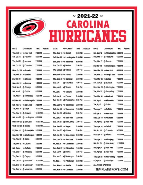 Printable 2021-2022 Carolina Hurricanes Schedule