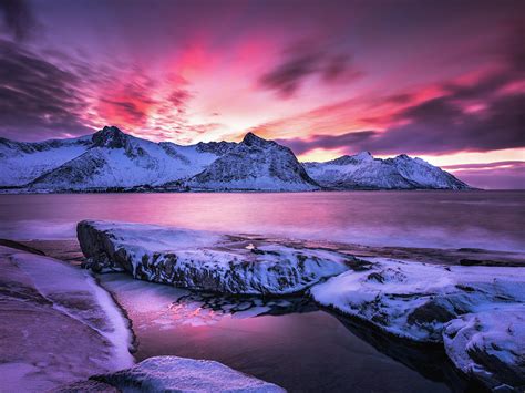 Steinfjord winter view at sunset in Senja, Norway. Photograph by Kristian Sekulic - Pixels