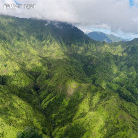 Aerial view from a tourist plane of a stunning Mount Waialeale, Island ...