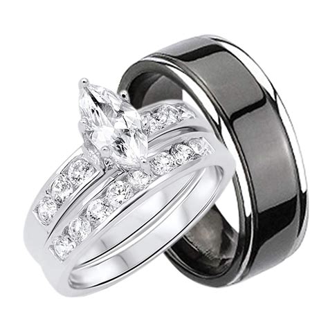 His and Hers Wedding Rings Set Sterling Silver Titanium Matching Bands ...