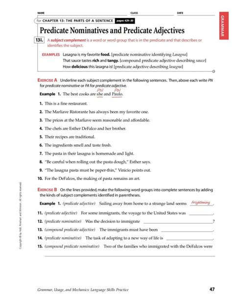 Subject Complement Worksheet With Answers — db-excel.com