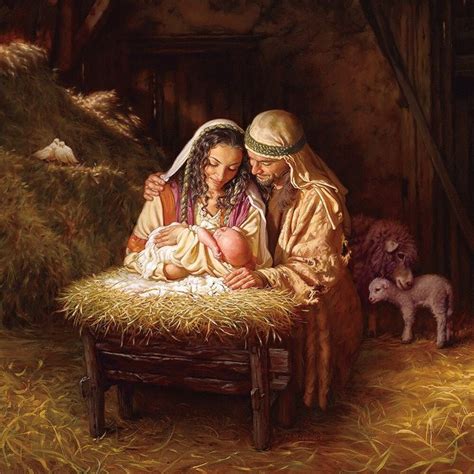 a painting of two people sitting in a manger with a baby on his lap