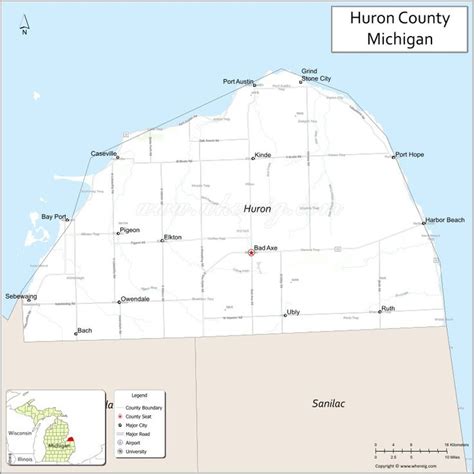 Map of Huron County, Michigan showing cities, highways & important places. Check Where is Huron ...