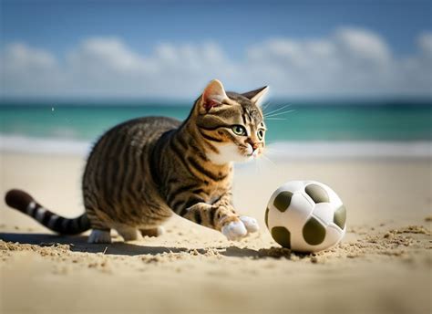 Premium AI Image | A cat playing with a soccer ball on the beach