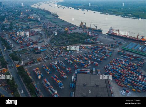 Aerial view of Chittagong Port. It is the main seaport of Bangladesh. Located in Bangladesh's ...